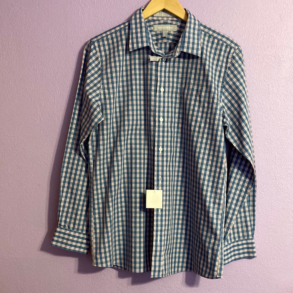 Nordstrom 100% Cotton Wrinkle Free Long Sleeve Button Up Blue Pink Plaid Boys 20